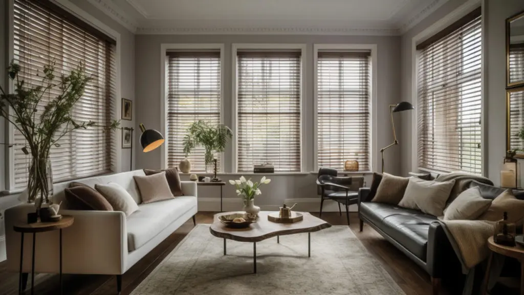 Dark-stained wooden Venetian blinds across a bay window in an elegant living room, adding warmth and character