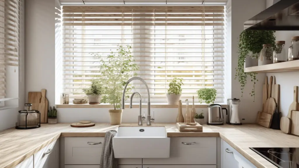 Light white wooden blinds above a kitchen sink with herbs on the windowsill, letting in soft natural light