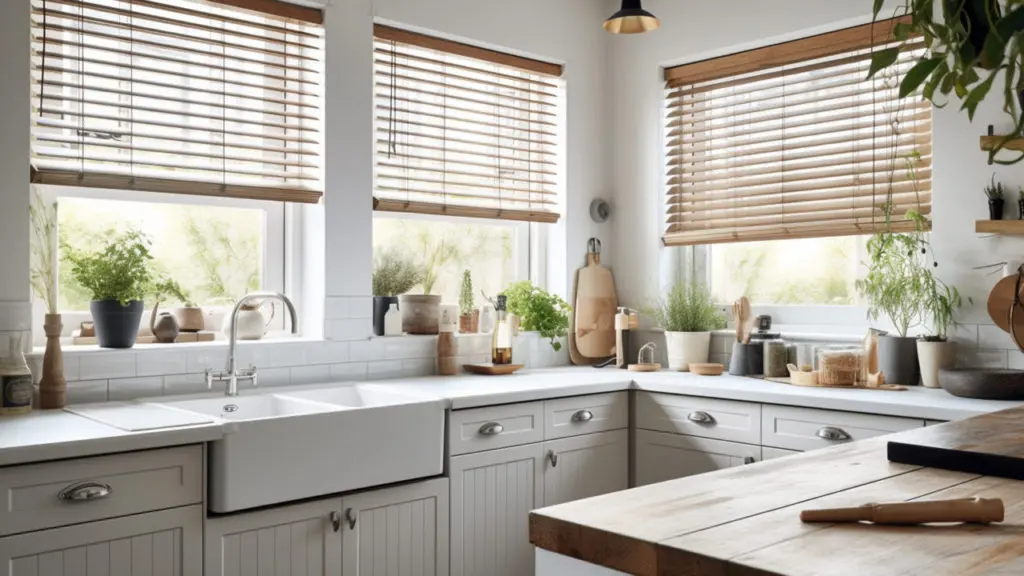 Natural honey-toned wooden blinds in a country kitchen, filtering warm sunlight over a farmhouse sink